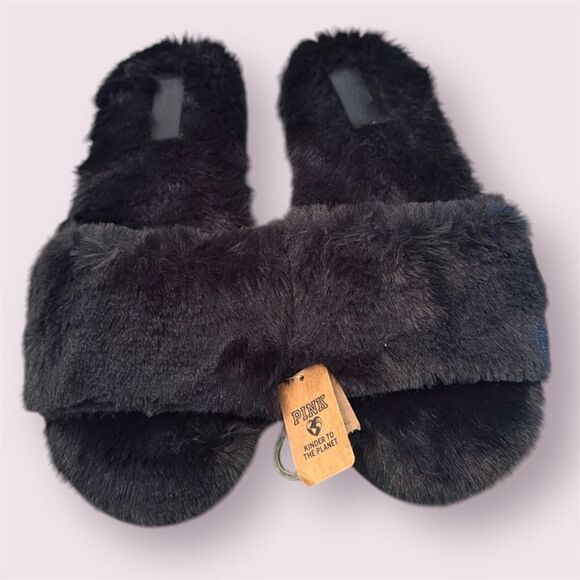VICTORIA'S SECRET PINK Black Slide Faux Fur Slippers *NEW* - Picture 1 of 8